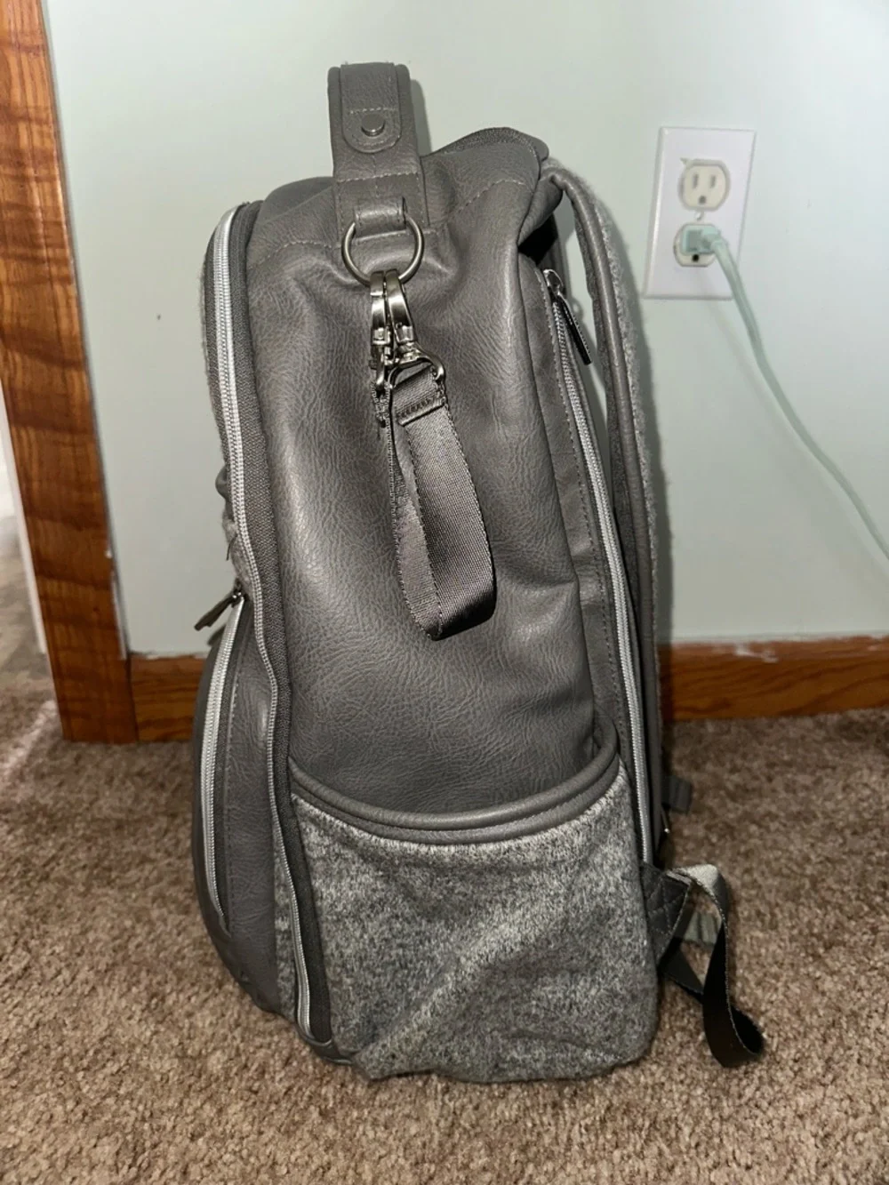 Itzy Ritzy Gray Felt and Faux Leather Convertible Backpack